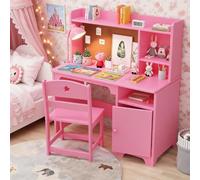 Bureau Enfant Avec Chaise Rose En MDF, Table d'Étude Stable Pour Fille | Bibliothèque de Rangement Intégrée & Tiroir, Bureau d'Écolier Ergonomique pour Chambre d'Enfant de 3 à 8 Ans 96.5*100cm