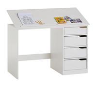 IDIMEX Bureau Enfant Emma Bureau avec Rangement 4 tiroirs et Plateau inclinable, Style scandinave, en pin Massif lasuré Blanc