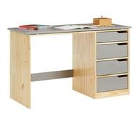 Bureau enfant écolier junior EMMA pupitre inclinable avec 4 tiroirs en pin massif, naturel et lasuré gris Naturel/Gris G