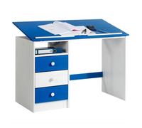 Bureau enfant écolier junior KEVIN pupitre inclinable avec 3 tiroirs 1 casier en pin massif lasuré blanc et bleu