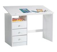 Bureau enfant écolier junior KEVIN pupitre inclinable avec 3 tiroirs 1 casier en pin massif lasuré blanc Blanc G