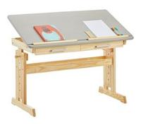 Bureau enfant écolier junior OLIVIA table à dessin réglable en hauteur et pupitre inclinable, 2 tiroirs en pin massif naturel/gris Naturel/Gris G