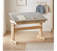 IDIMEX Bureau Enfant écolier Junior Olivia Table à Dessin réglable en Hauteur et pupitre inclinable avec 2 tiroirs, Bureau évolutif en pin Massif Vernis Naturel et lasuré Gris