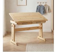 Bureau enfant écolier junior OLIVIA table à dessin réglable en hauteur et pupitre inclinable avec 2 tiroirs en pin massif naturel