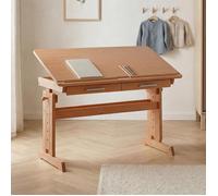 Bureau enfant écolier junior OLIVIA table à dessin réglable en hauteur et pupitre inclinable avec 2 tiroirs en pin massif hêtre