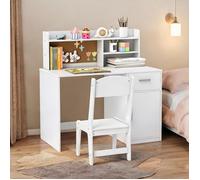 Bureau enfant en MDF blanc avec chaise, tiroir, placard et tableau liège