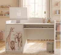 Bureau enfant grand, 125x60 cm, blanc, avec 4 tiroirs, bureau pour enfant avec motif, bureau pour ordinateur, bureau d'étude pour enfants et adolescents