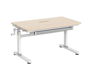 Bureau enfant HOKO, réglable en hauteur, avec un plateau inclinable de 100x40 cm, un tiroir, des crochets, et un aspect bois. Modèle : LUKA