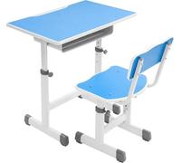 Bureau enfant réglable en hauteur avec chaise - Ensemble - Plateau 70×50 cm - Chaise 36-42 cm - Acier & plateau écologique - Capacité de charge 300 kg - Bleu/Blanc