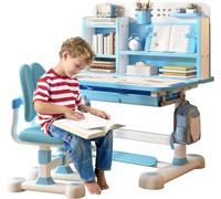 Bureau enfant réglable en hauteur, ensemble bureau et chaise pour enfants, bureau pour enfants à partir de 6 ans avec tiroirs, design ergonomique pour garçons et filles (bleu)
