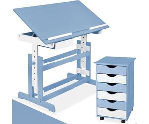 BUREAU ENFANT - TECTAKE - Ensemble Bureau Réglable en Hauteur et Inclinable Enfant et Caisson à Roulettes de Bureau 6 Tiroirs -