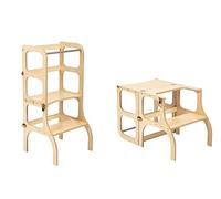 Bureau enfant - Tour d'observation enfant - Marche pied enfant type Montessori, fonction siège, hauteur 45 cm, tour d’apprentissage, pliable, bois de bouleau, vernis UV, noir, ferrures en laiton