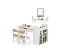 COSTWAY Table 3 en 1 et 2 Chaises Enfants -Rouleau de Papier -Plateau Rabattable - Étagères -Bacs en Tissu-8 Pots de Peinture