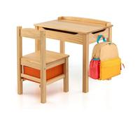 COSTWAY Table et Chaise Enfants - Plateau Rabattable, Espace de Stockage Caché, 1 Tiroir de Rangement, 1 Crochet pour Sac Naturel