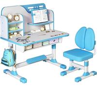 Bureau et chaise pour enfant, ensemble réglable en hauteur, avec motif d'astronautes, bureau ergonomique pour enfant avec un grand tableau d'écriture, étagère à livres et tiroir, couleur bleue