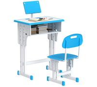 HOMCOM Bureau et chaise pour enfant avec support de lecture, casier, crochet et porte stylo - hauteur réglable - 60 x 45 x 90-102 cm - bleu