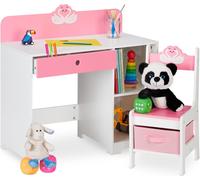 Bureau et chaise pour enfants Relaxdays, avec un tiroir et deux étagères ouvertes, motif cygne, mobilier pour chambre d'enfant, rose/blanc