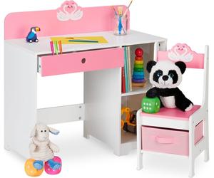 Bureau et chaise pour enfants Relaxdays, avec un tiroir et deux étagères ouvertes, motif cygne, mobilier pour chambre d'enfant, rose/blanc