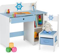Bureau et chaise pour enfants Relaxdays, avec un tiroir et deux étagères ouvertes, motif marin, mobilier pour chambre d'enfant, bleu/blanc
