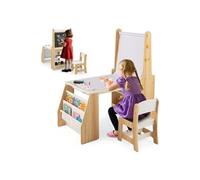 COSTWAY Table Chevalet Enfant 3 en 1 et Chaise - Tableau Blanc et Noir, Rouleau de Papier, 2 Étagères Ouvertes et 2 Niveaux