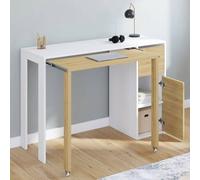 Bureau extensible RON avec colonne de rangement tiroir et placard blanc et bois