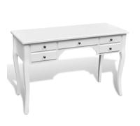 Bureau français en bois avec 5 tiroirs et pieds incurvés | Laqué blanc, MDF et bois de pin, style rétro, polyvalent