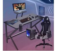 Bureau Gamer LDSZXNE avec Surface en Fibre de Carbone PVC, étagère écran métal, MDF 100x55x90.5cm, Noir