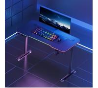 Bureau Gaming 120 × 60 cm, Plateau Effet Fibre de Carbone, Éclairage LED RGB, Porte-Gobelet et Support Casque
