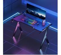 Bureau Gaming 120x60 cm LED RGB, Plateau effet fibre de carbone, Structure stable, Porte-gobelet et support casque