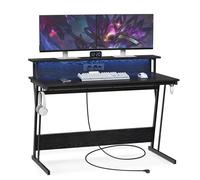 Bureau Gaming avec LED et Multiprise, Table Informatique avec Support d’Écran, pour 2 PC, 120 x 60 cm, Noir Boisé