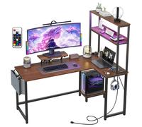 Bureau gaming - Bureau d'angle en L - Bois - Éclairage LED RGB avec télécommande - Multiprise - Deux étagères - Sac de rangement - Support d'écran - Marron