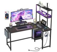 Bureau gaming - Bureau d'ordinateur en L - Éclairage LED RGB avec télécommande - Multiprise - 2 étagères - Support d'écran - Sac de rangement - Noir