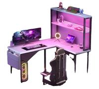 Bureau gaming, éclairage LED multicolore, forme en L, 01 Blanc
