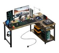 Bureau Gaming en Forme de L Marron - Étagères Rangement - Port de Charge USB - Prise de Courant