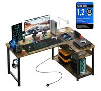 Bureau gaming en L - COMHOMA - 130x80x74 cm - Prise + 2 USB - Étagères réglables - Marron