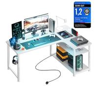 Bureau gaming en L - COMHOMA - 130x80x74 cm - 1 prise & 2 ports USB - 2 étagères réglables - Cadre acier 20 mm