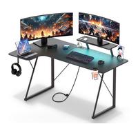 Bureau Gaming en L - Fibre de carbone - avec Prises de courant et ports USB /Panier à Boissons et Crochet pour Casque - Noir