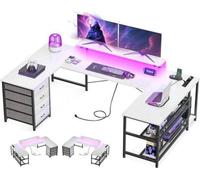Bureau gaming en U avec 4 stations de recharge - bureau réversible avec prises électriques et ports USB - bureau à éclairage LED avec support pour écran - bureau à domicile - 167 x 102 cm - blanc