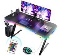 Bureau gaming - GTPLAYER - Bureau 120 x 60 cm - Bande LED 16 couleurs - Tapis de souris - Crochet casque & porte-gobelet