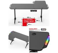Bureau Gaming LED 140 x 60 x75 Grand Bureau Gamer avec Plateau en Métal Noir + LEDS RGB + Porte-gobelet +Support de casque