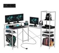 Bureau gaming LINFE, bureau de bureau en L, bureau informatique multifonctionnel avec étagère, support pour moniteur, prise électrique et ports de chargement USB, blanc, 137 x 140 x 139,5 cm Blanc