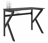Bureau gaming noir 110 x 60 x 75 cm avec pieds en forme de K et support | Bois contreplaqué, fer, épaisseur 15 mm, porte-gobelet, support contrôleur, assemblage requis