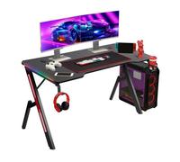 Todeco Bureau Gaming LED 140 x 60cm, Grande Bureau Gamer avec Plateau en Fibre de Carbone, Ergonomique avec Tapis de Souris, Porte-gobelet et Crochet pour Casque