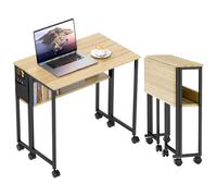 Bureau - HOMCOM - pliable - sur roulettes - 80 x 50 cm - étagère et sac de rangement - chêne