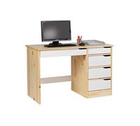 Bureau HUGO avec rangement 5 tiroirs style scandinave en pin massif vernis naturel et lasuré blanc