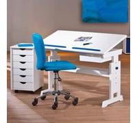 Inter Link Bureau enfant Baru - Pin massif laqué blanc, tiroir, inclinable, support livre, rose/bleu