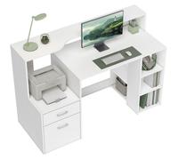 Bureau informatique - HOMCOM - 2 tiroirs, étagères ouvertes et tablette d'imprimante - MDF - 137x55x92cm - blanc