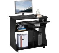 Bureau Informatique Yaheetech - Noir - Avec Roulettes et Grand Support Clavier Coulissant - 80x48x76 cm