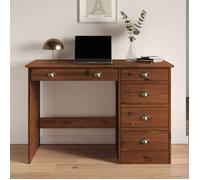 Bureau LANA avec rangement 5 tiroirs et poignées en forme de coquille, en pin massif coloris brun foncé