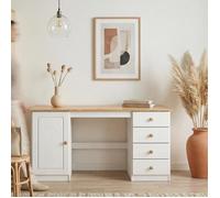 Bureau MANAGER L 145 cm en bois massif, coloris blanc et chêne, espace de rangement avec 4 tiroirs et 1 porte battante